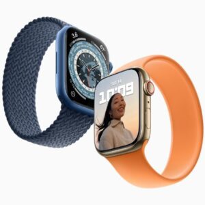 An image of two Apple Watch Series 7 watches in blue and orange