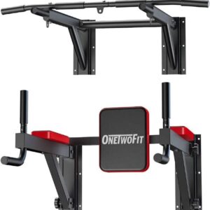 Product shot of OneTwoFit Wall Mounted Pull-Up Bar and another wall mounted pull up for comparison.